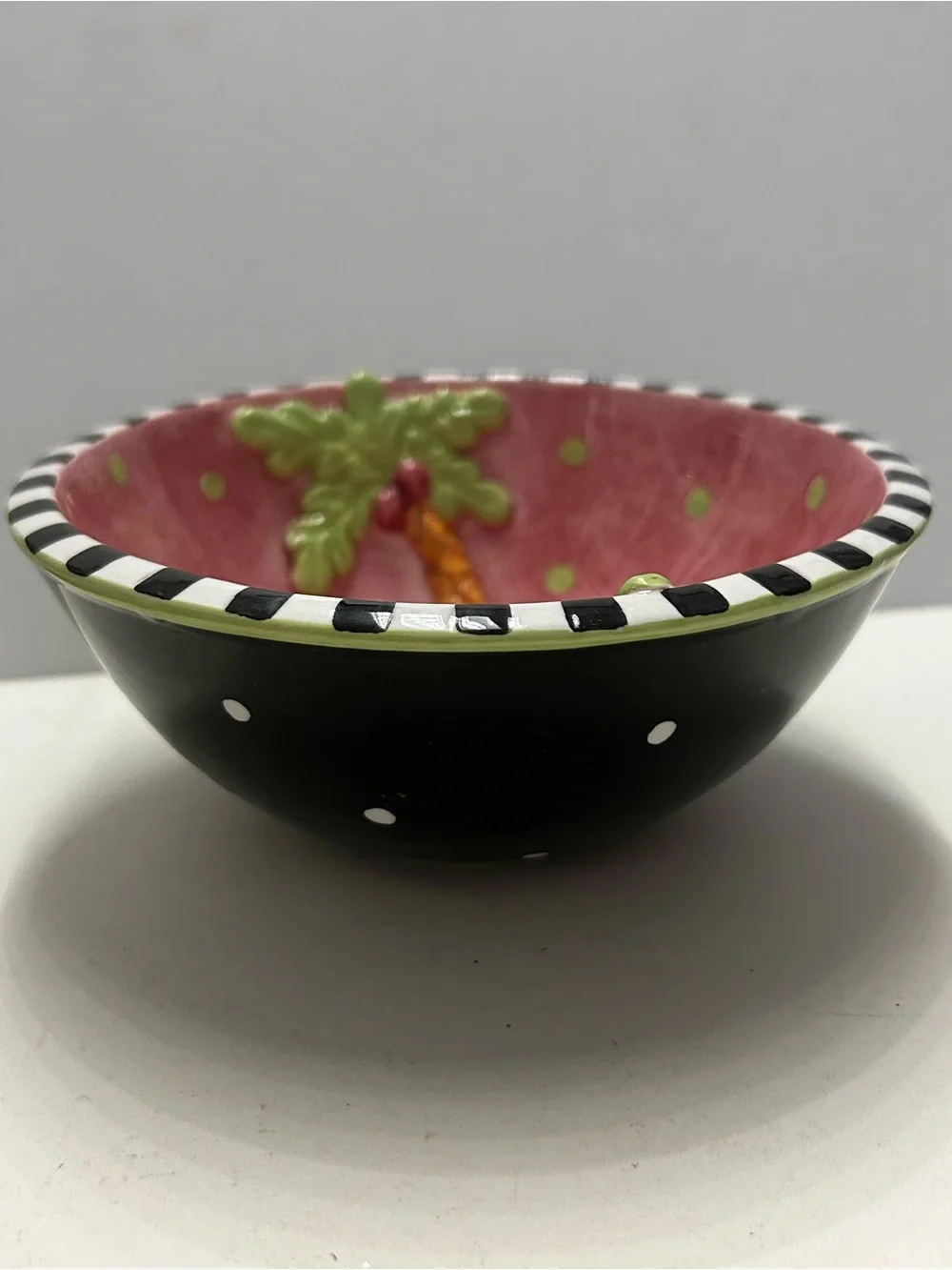 Hand Painted 3D Palm Tree Ceramic Bowl Checkered Rim Polka Dot Dish